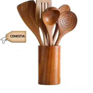 COHESTIA 5-Piece Premium Teak Wooden Cooking Utensil Set - Non-Toxic, Durable, and Non-Stick Spoons with Holder & Spoon Rest